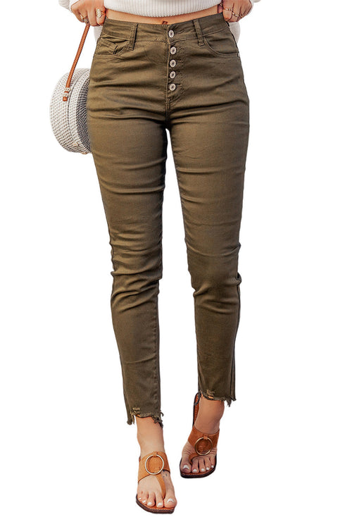 Plain High Waist Buttons Frayed Cropped Denim Jeans